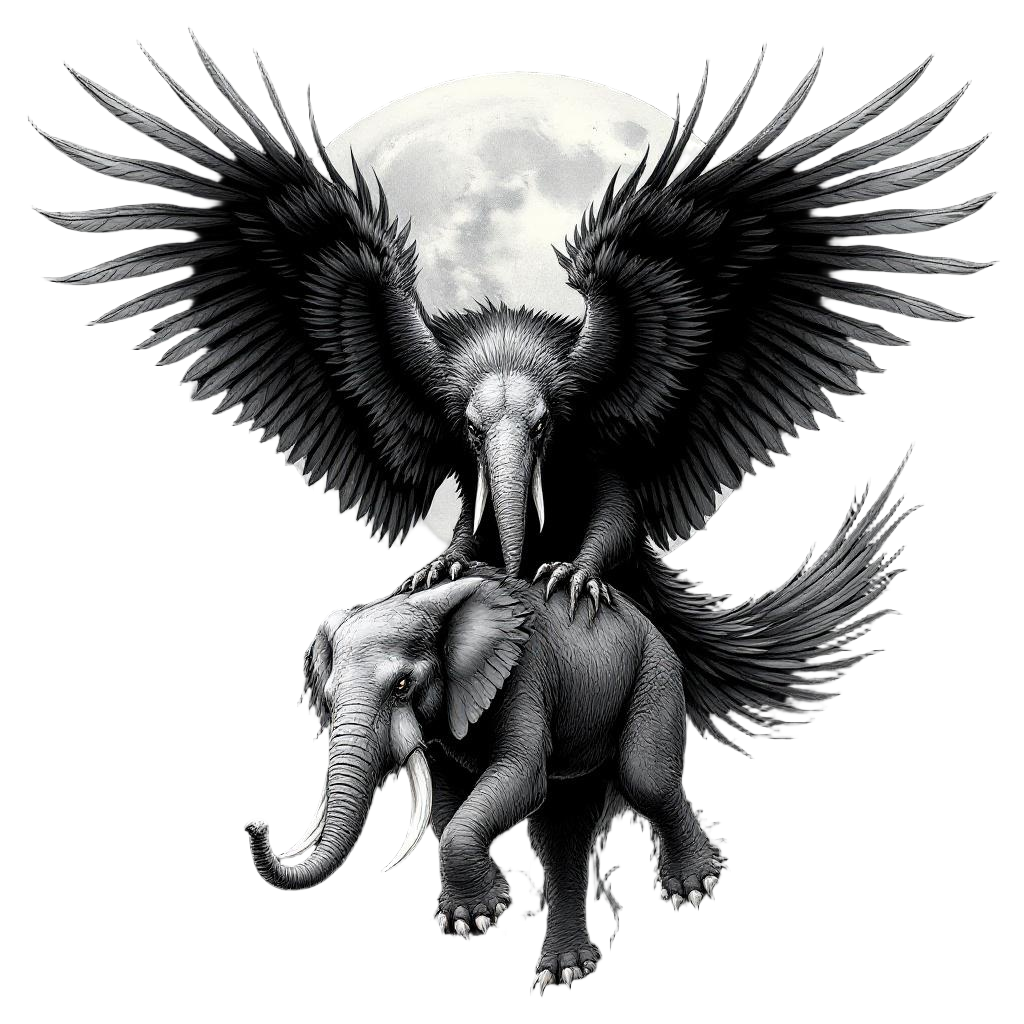 A roc — the enormous mythological bird — carrying an elephant in its talons, imp