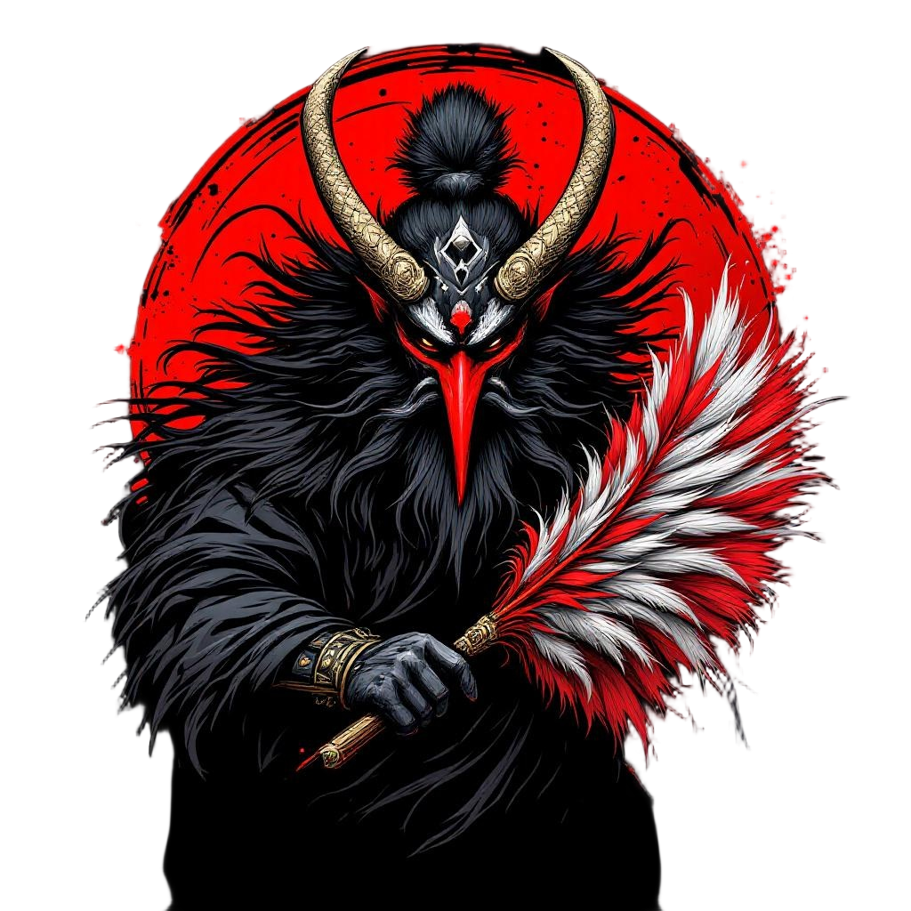 A tengu warrior with the iconic long red nose mask, wielding a feathered fan, Ja