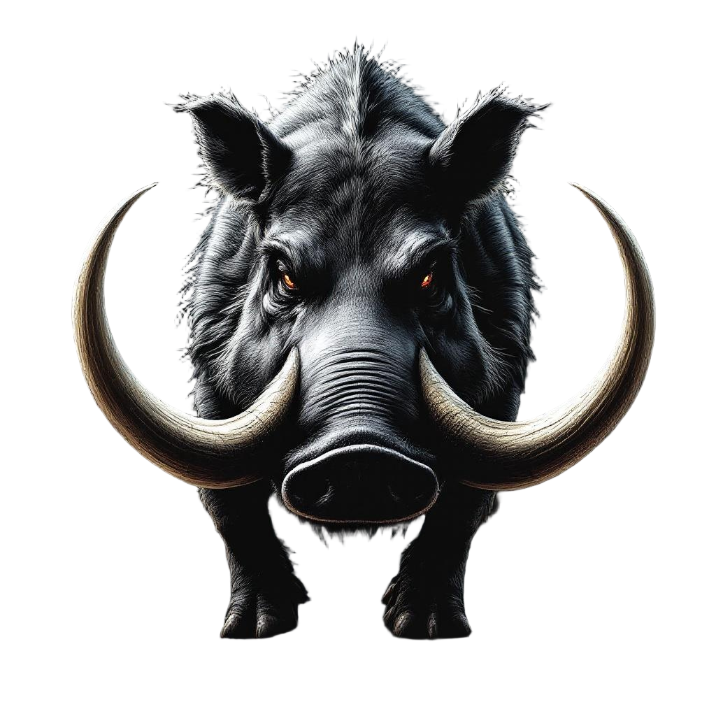 An armored warthog charging with massive tusks, war paint, surprisingly fierce a