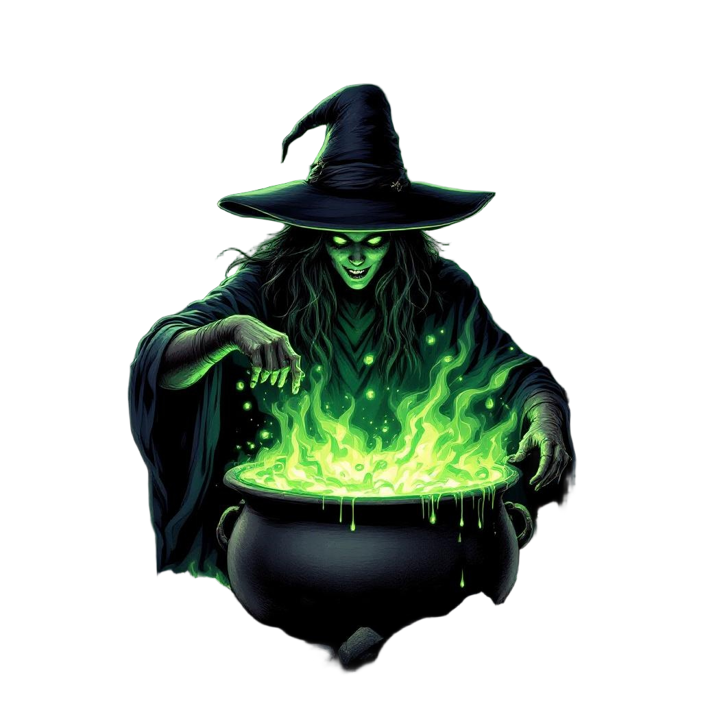 A witch stirring a massive bubbling cauldron, green potion light illuminating he