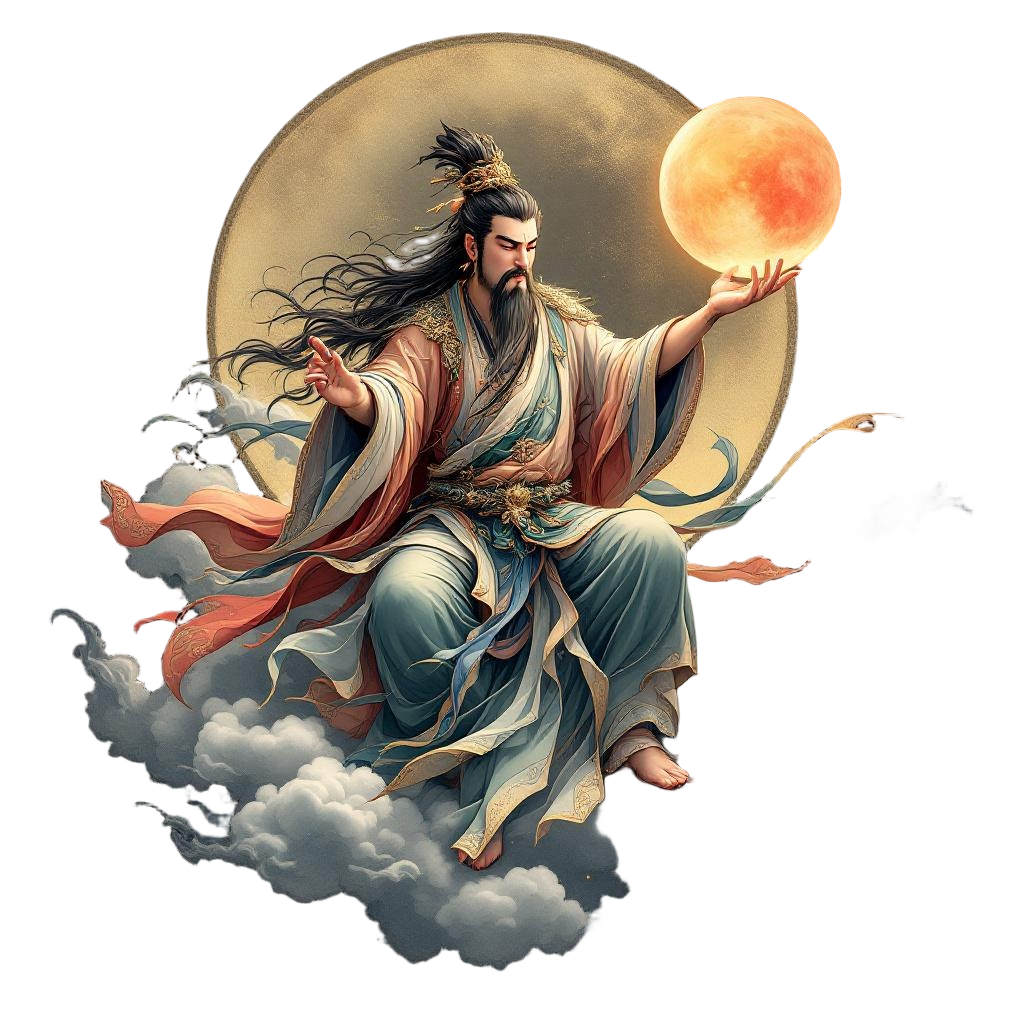A Chinese xian immortal riding a cloud with flowing robes, holding a peach of im