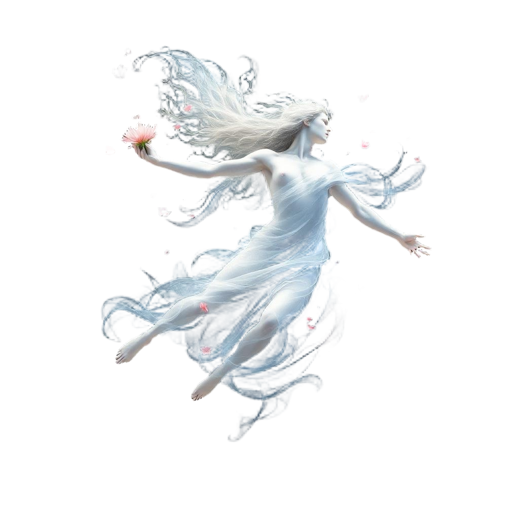 Zephyr the Greek god of the west wind, translucent flowing form, carrying flower