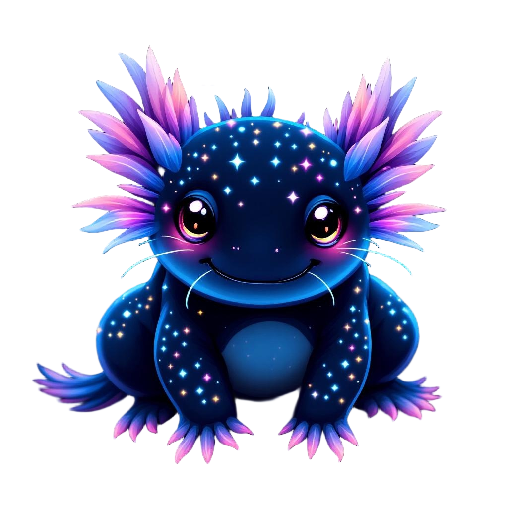 An adorable axolotl with bioluminescent glow, feathery gills, smiling face, cute