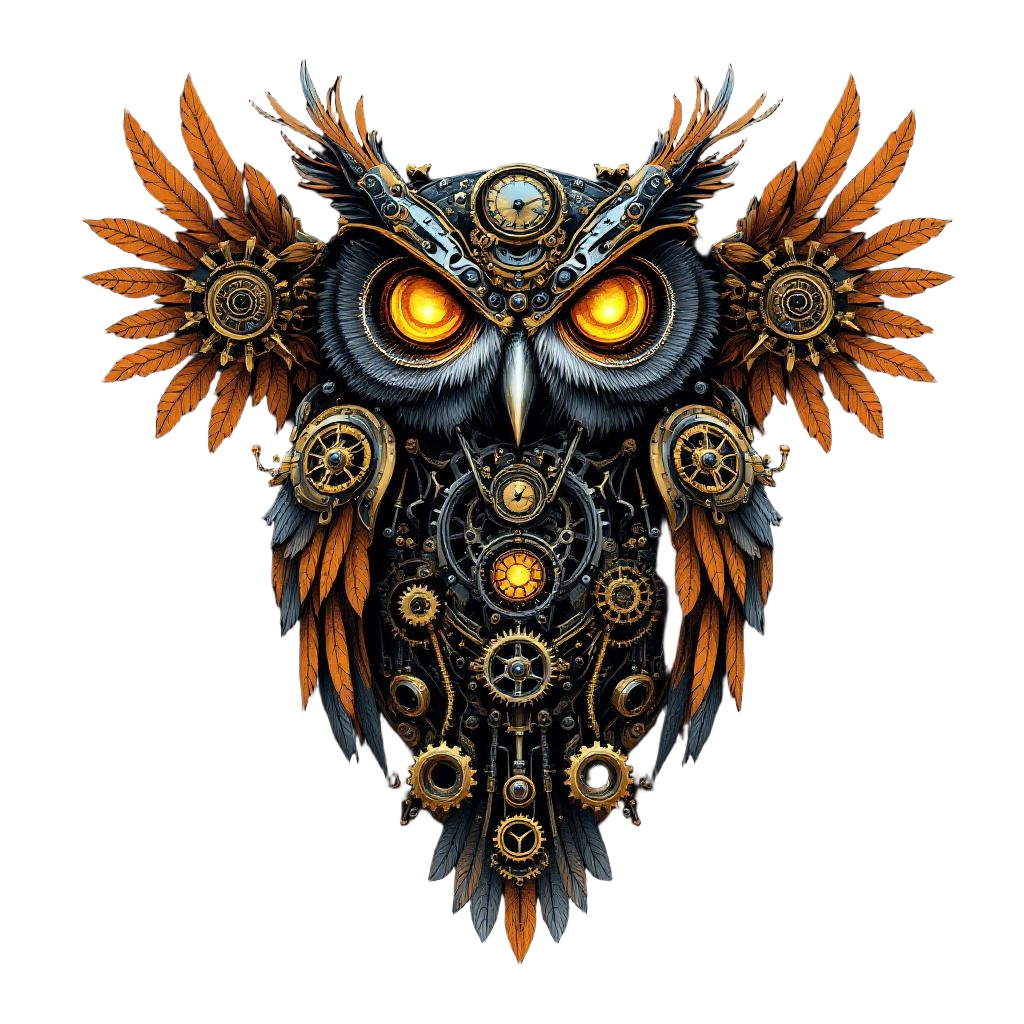 A mechanical clockwork owl with brass gears and copper feathers, glowing amber e