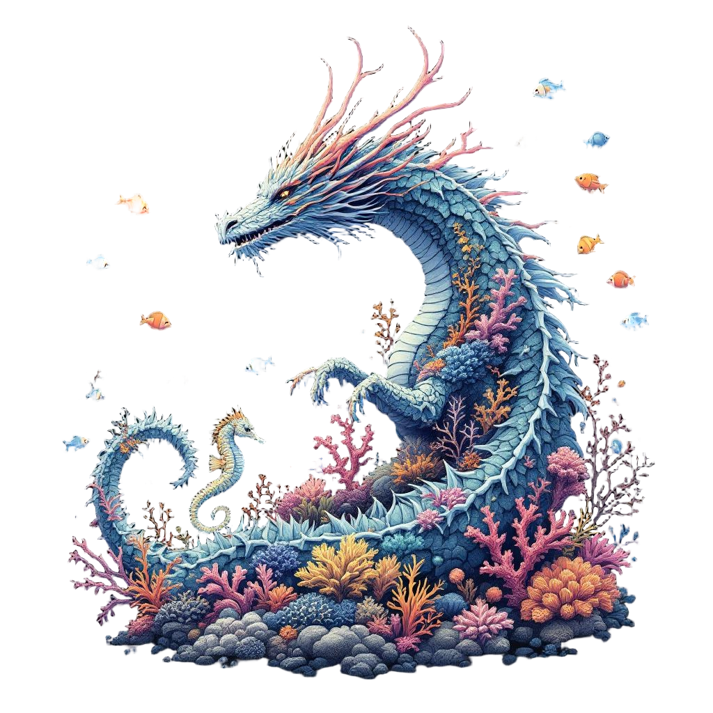A dragon made entirely of living coral, seahorses and fish swimming around it, u