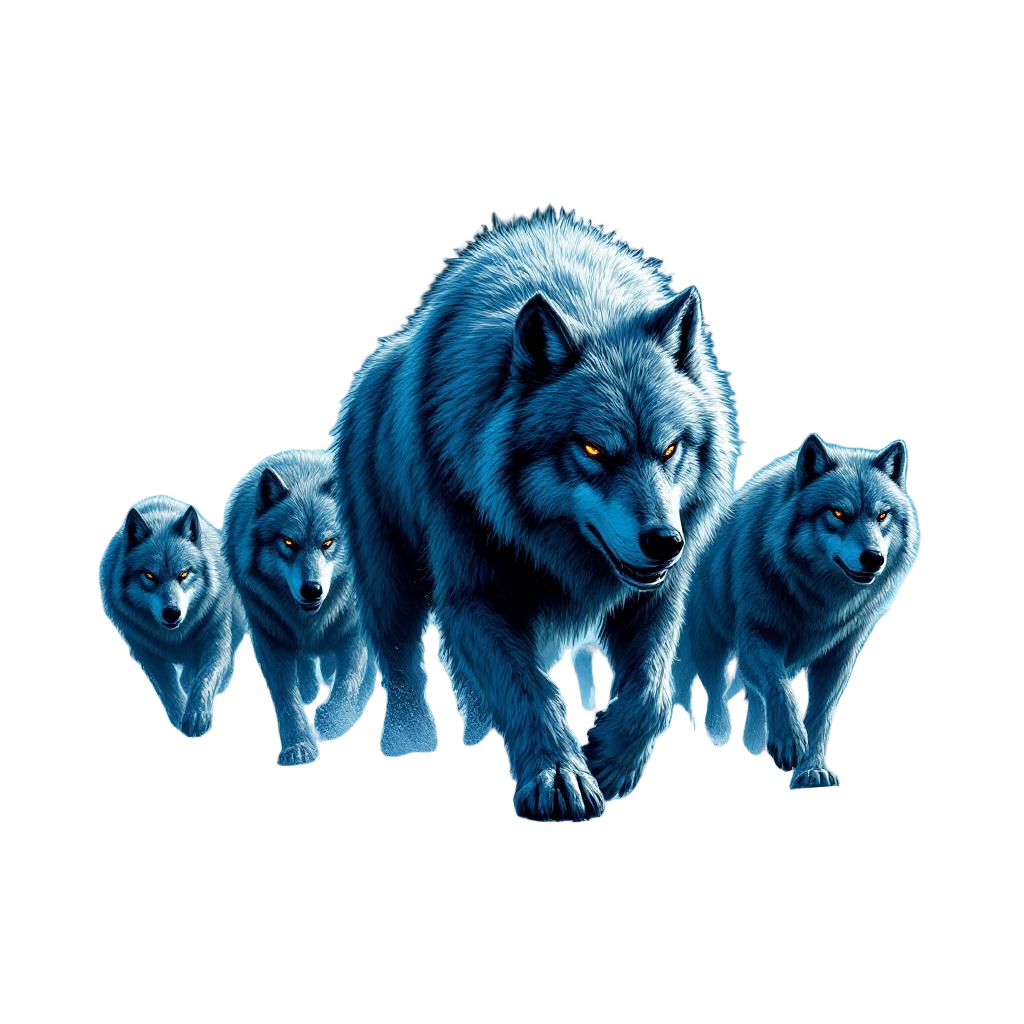 A massive prehistoric dire wolf leading its pack through a frozen landscape, Ice