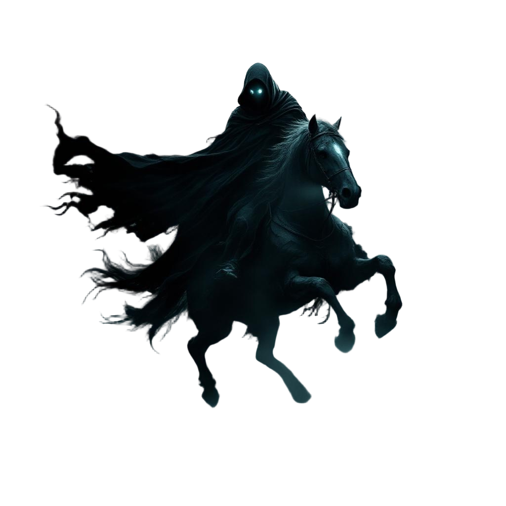 A Dullahan headless horseman carrying his own glowing head, riding a black horse