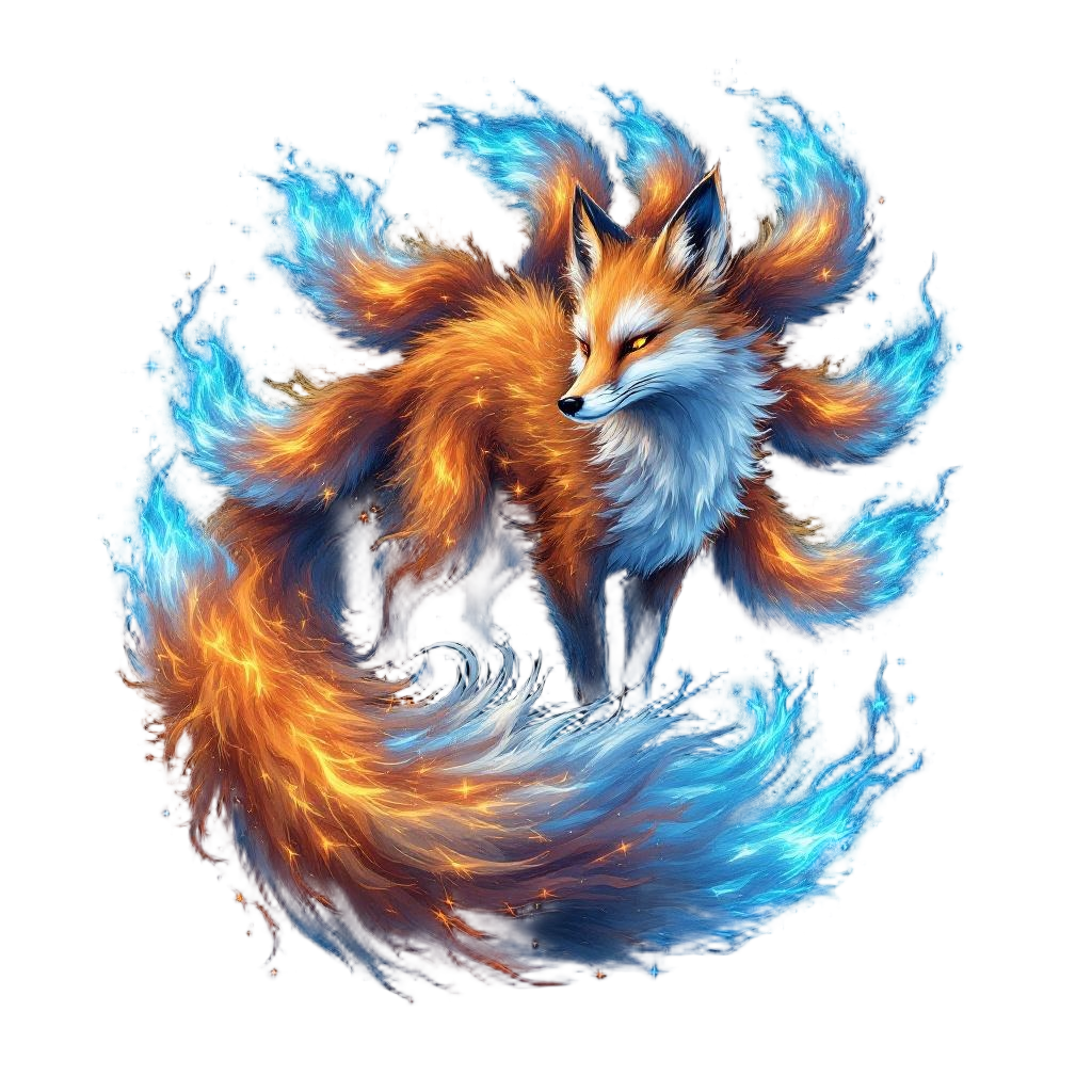 A spirit fox with nine tails each tipped with blue foxfire, Japanese kitsune-bi,