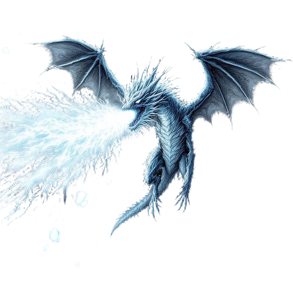 A frost wyrm breathing a blizzard of ice and snow, frozen wings, undead ice drag