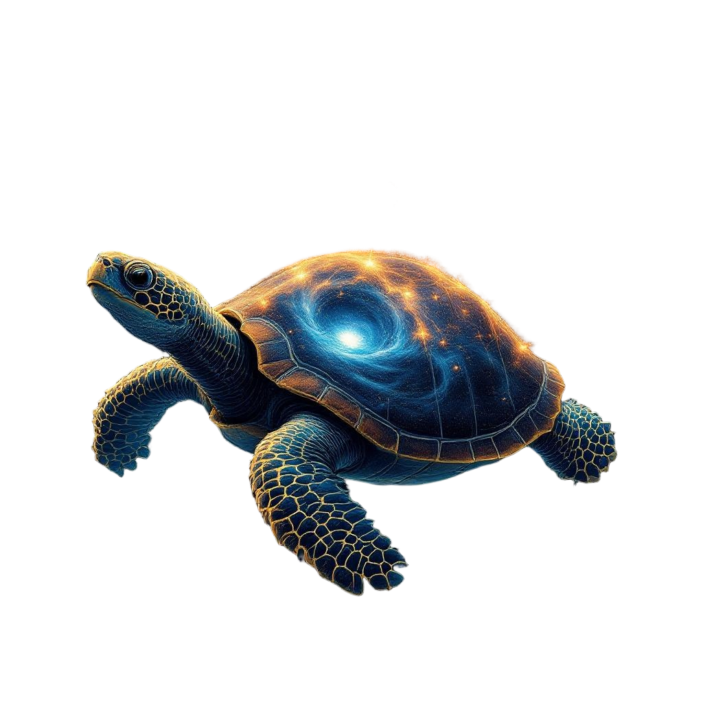 A giant cosmic turtle carrying a galaxy on its shell, stars and planets orbiting