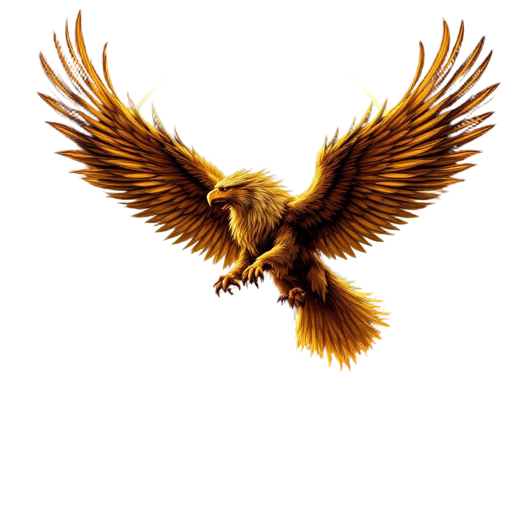 A golden griffin soaring through a dramatic sunset, eagle wings spread wide, lio