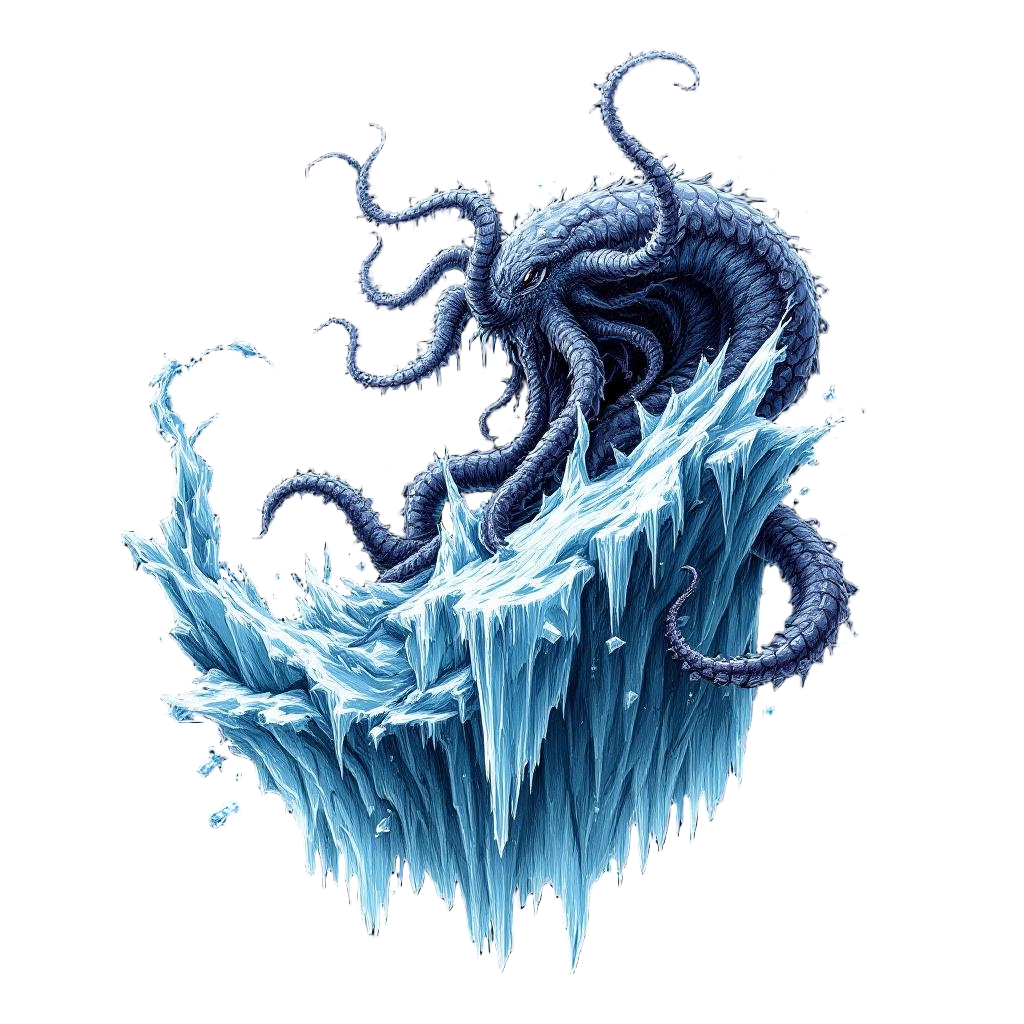 A kraken frozen in arctic ice, tentacles reaching up through cracks in the ice, 