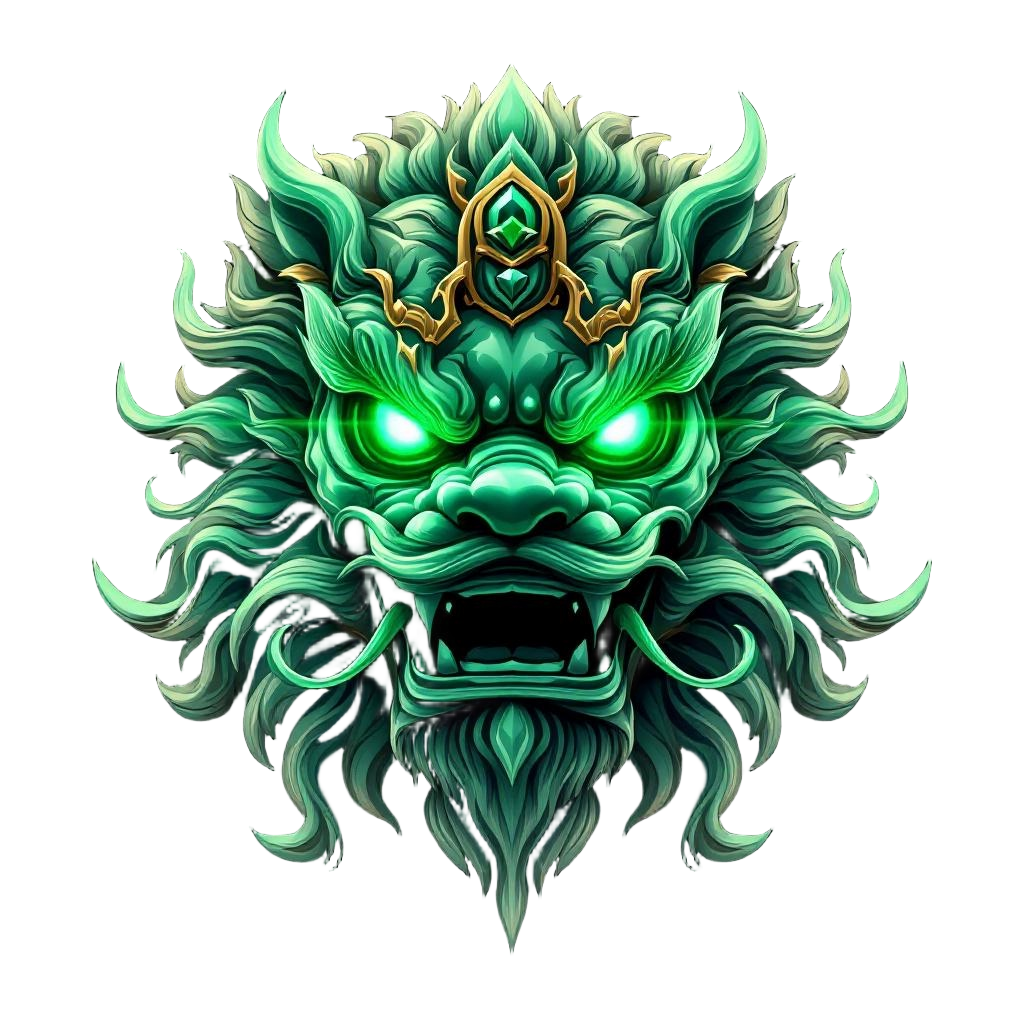 A Chinese jade guardian lion (foo dog) with glowing emerald eyes, temple protect