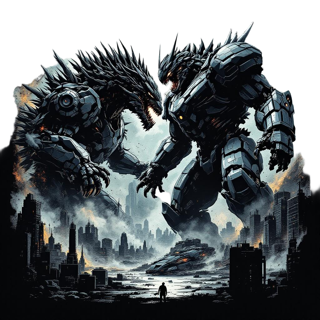 A giant kaiju monster fighting a massive mech robot in a city, buildings crumbli