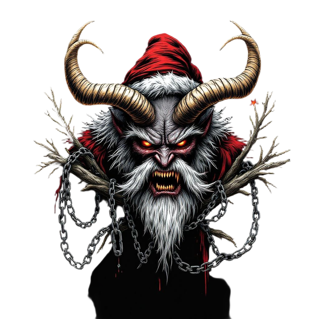 Krampus the anti-Santa with chains and birch branches, terrifying Alpine Christm
