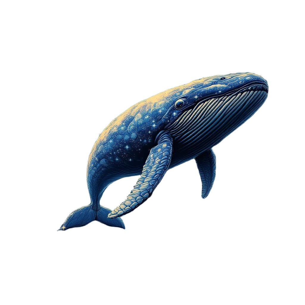 A cosmic leviathan whale swimming through nebulae, stars reflecting off its skin