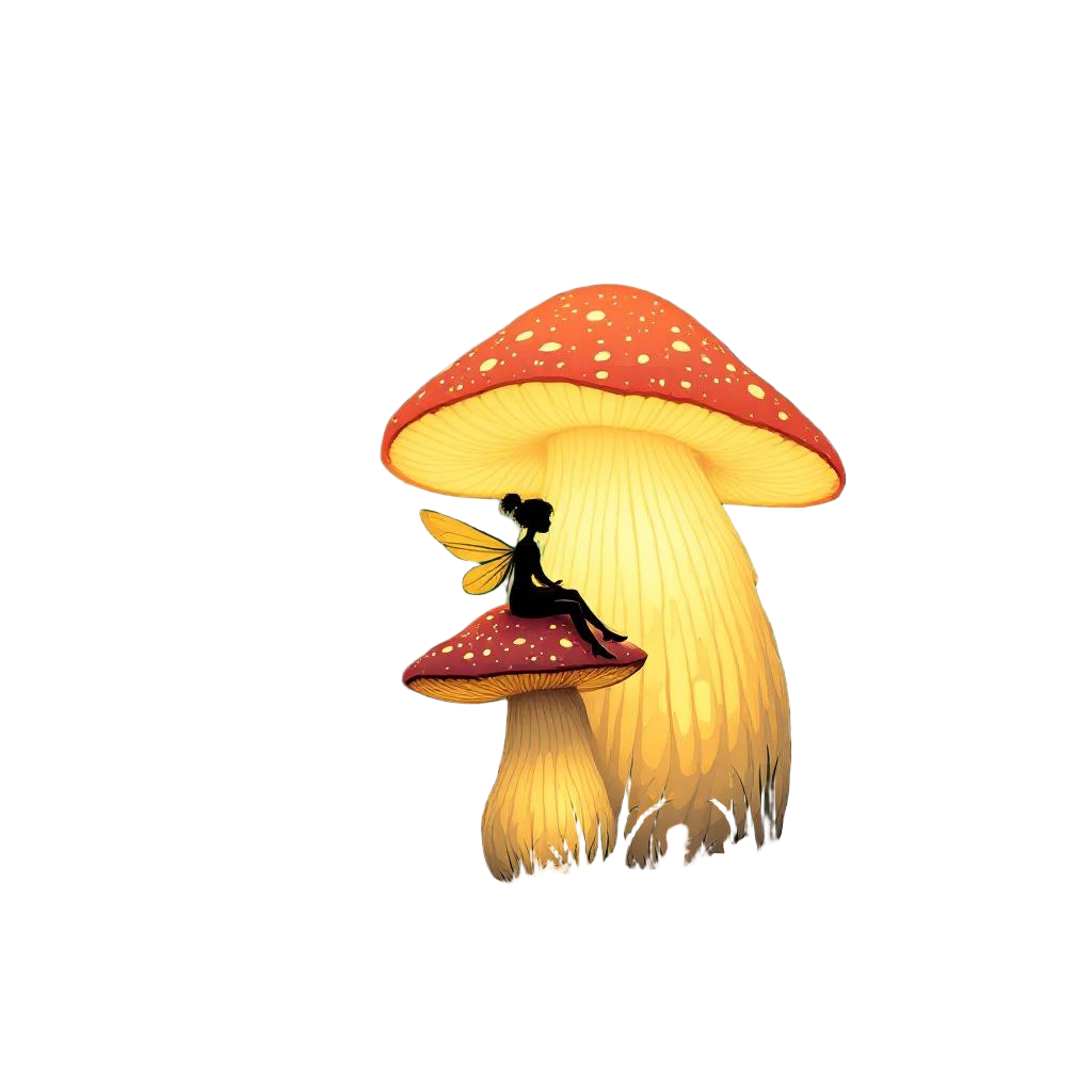 A Tiny Fairy Sitting on a Giant Glowing Mushroom in an Enchanted Forest