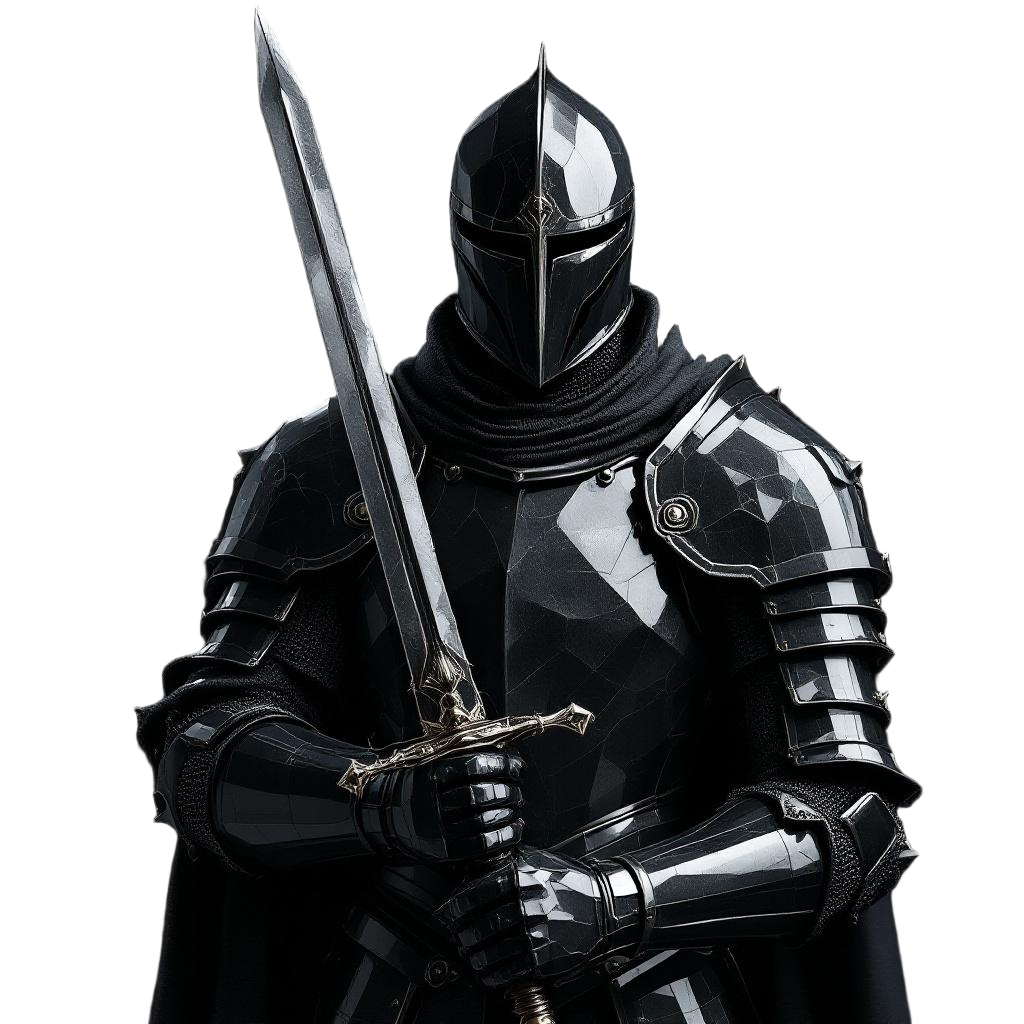 A knight in armor made of volcanic obsidian glass, dark reflective surfaces, swo