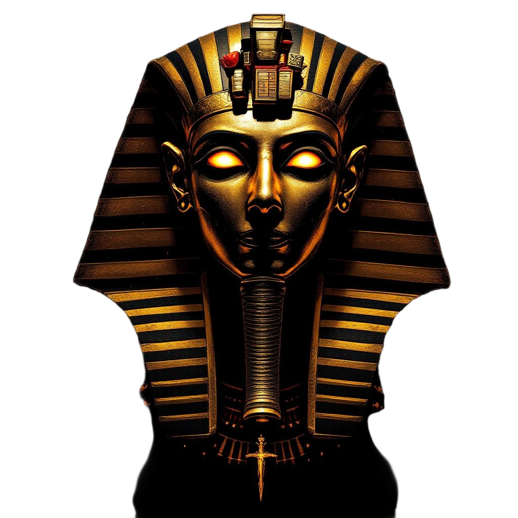 An Egyptian pharaoh's golden death mask with glowing eyes coming to life, curse 