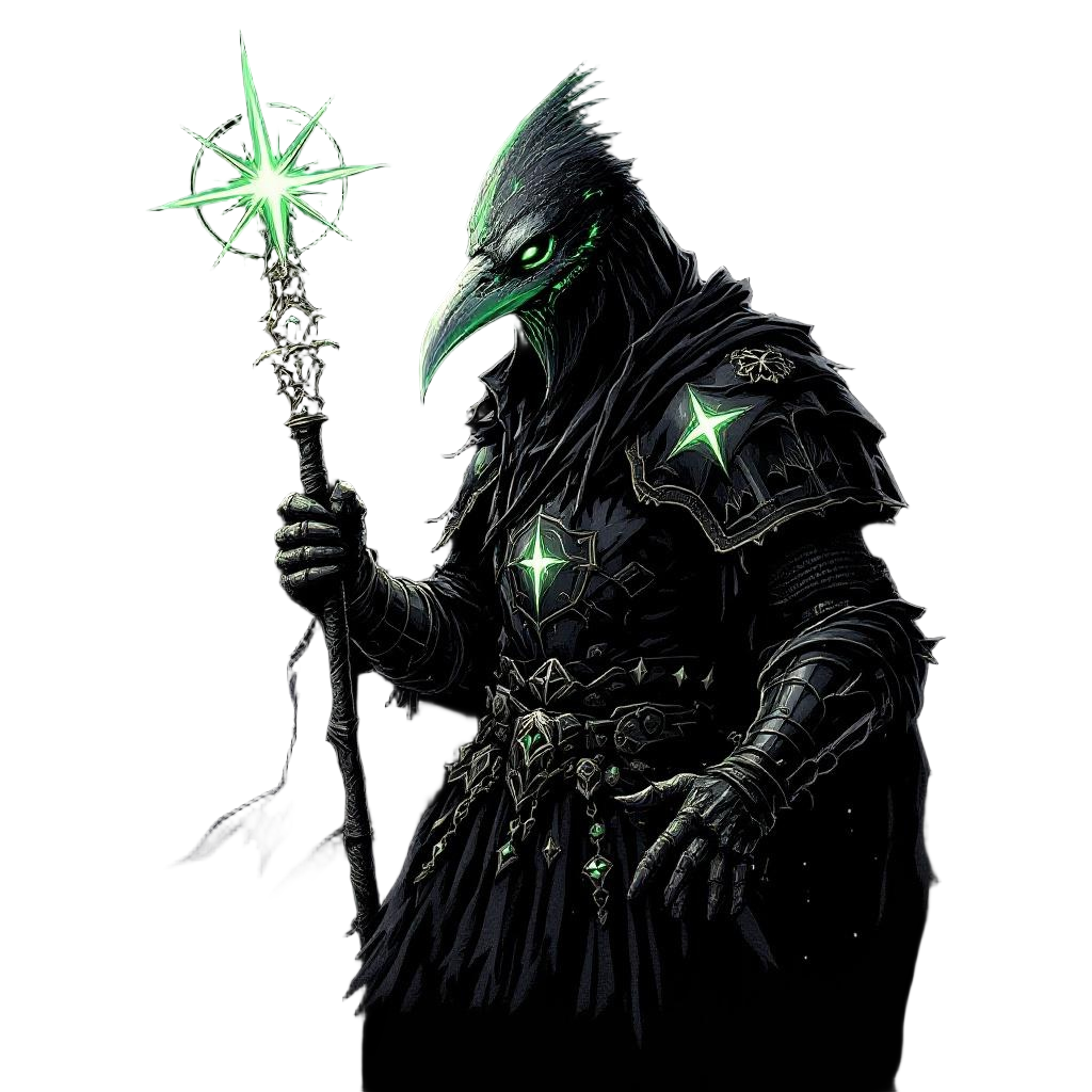A plague knight in bird-mask helmet wielding a morningstar, black armor with gre