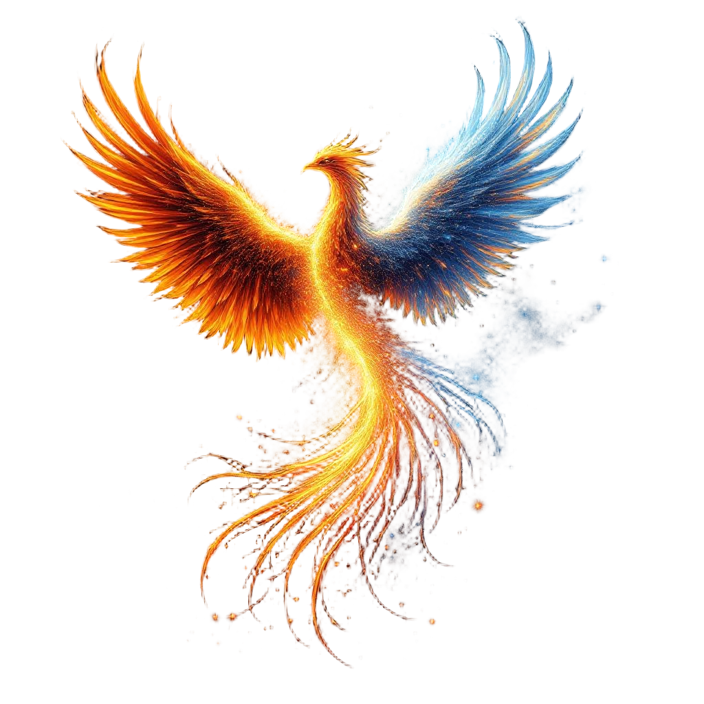 A phoenix reborn through quantum particle effects, half solid half dissolving in