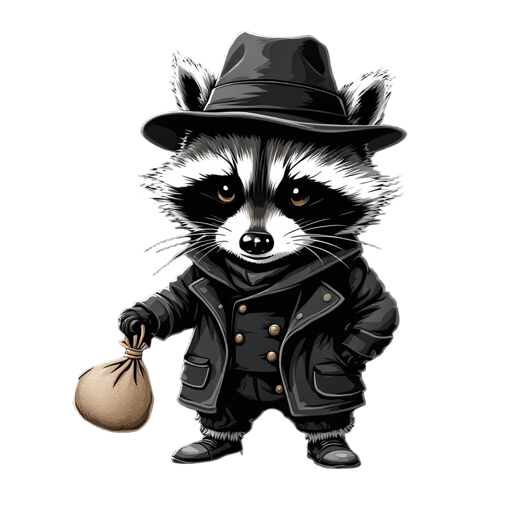A Raccoon in a Classic Burglar Outfit with a Tiny Bag of Stolen Goods