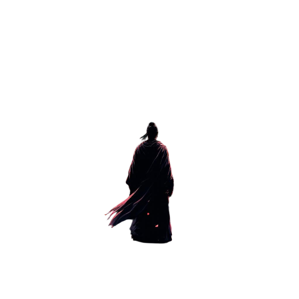 A ronin standing in a rain of cherry blossom petals with blood-red sunset behind