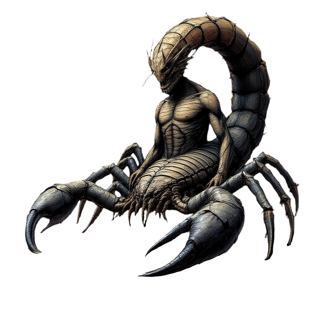 A massive scorpion king with a human torso emerging from its back, desert wastel