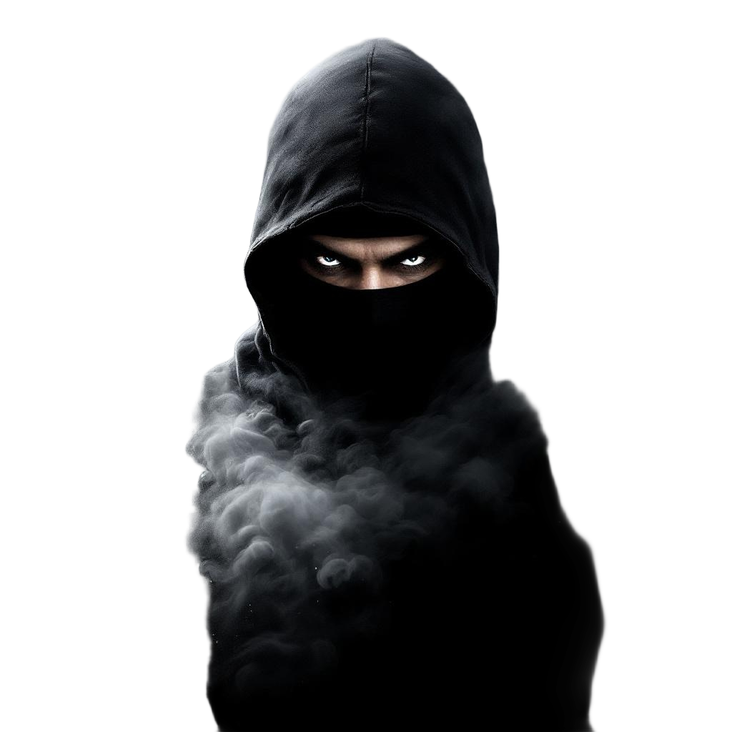 A ninja dissolving into shadows, only eyes visible, smoke bomb trailing, the art