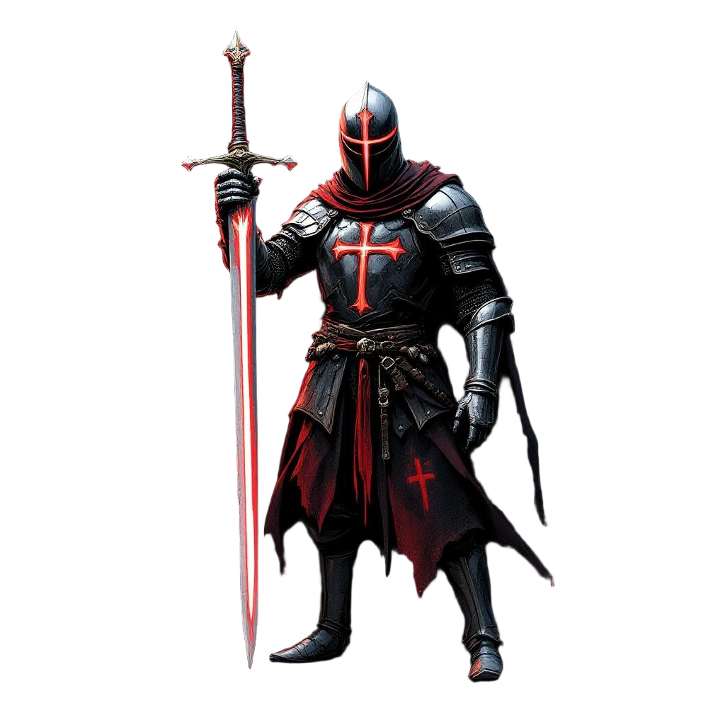 A Templar Knight in full crusader armor with glowing red cross, sword planted in