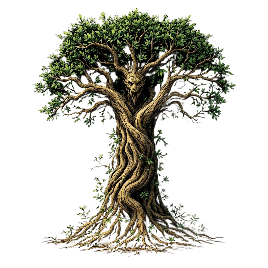 An ancient forest warden made of living wood and leaves, towering guardian of th