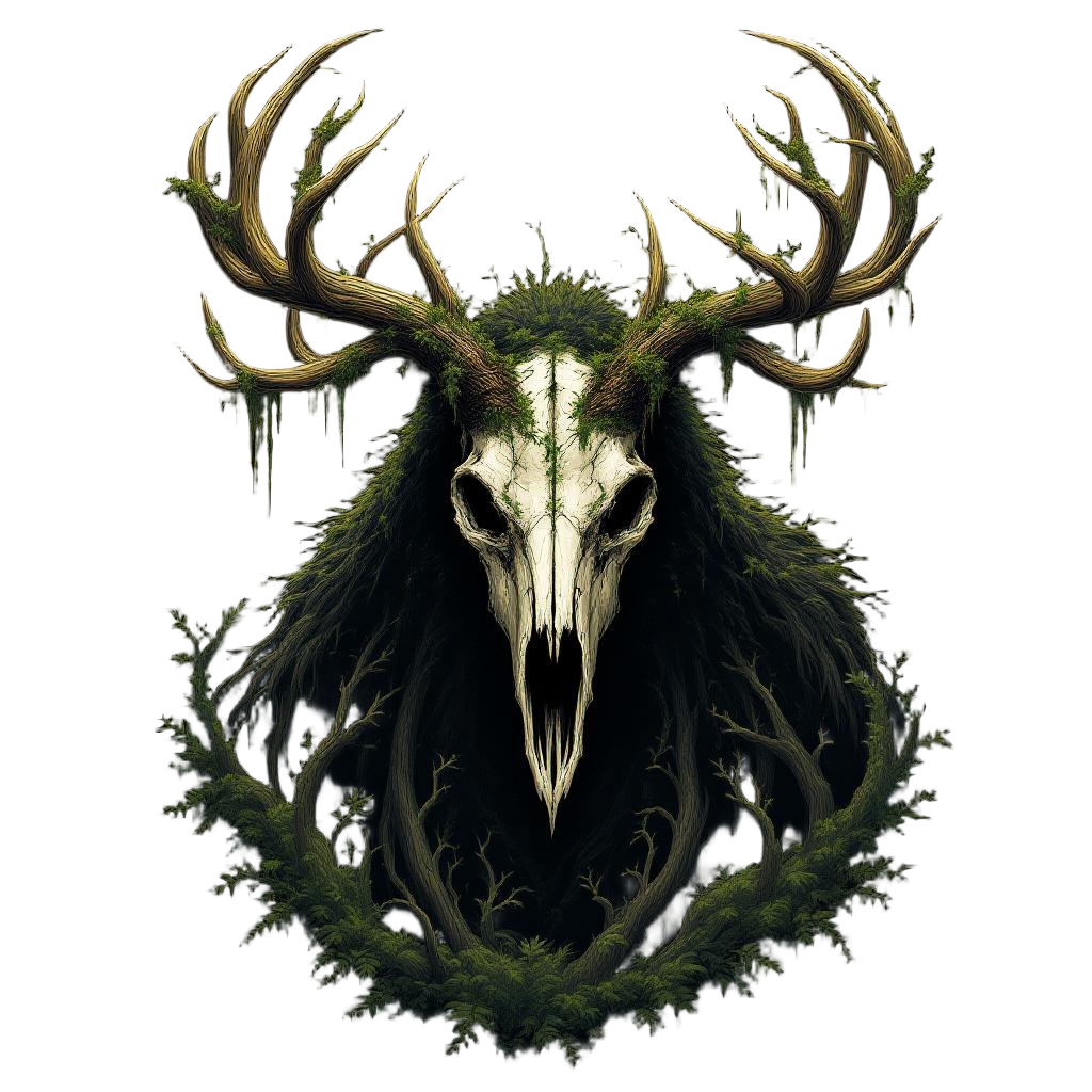 A wendigo with a massive deer skull head, antlers dripping with moss, towering f