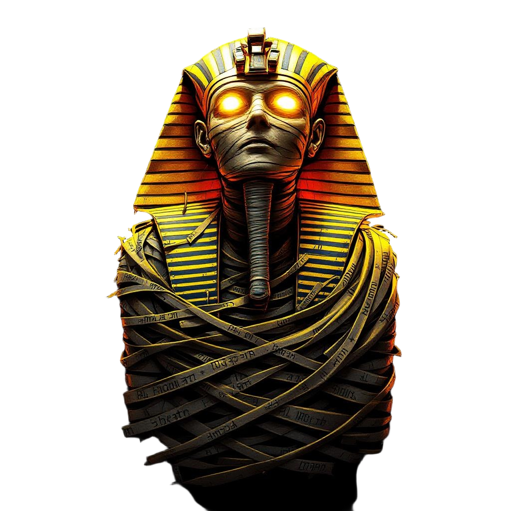 An Egyptian mummy pharaoh awakening from a golden sarcophagus, bandages unraveli
