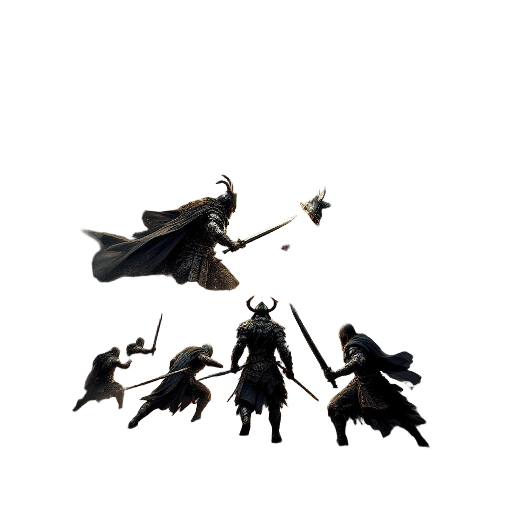 A massive battle arena with warriors from different eras clashing — samurai, vik