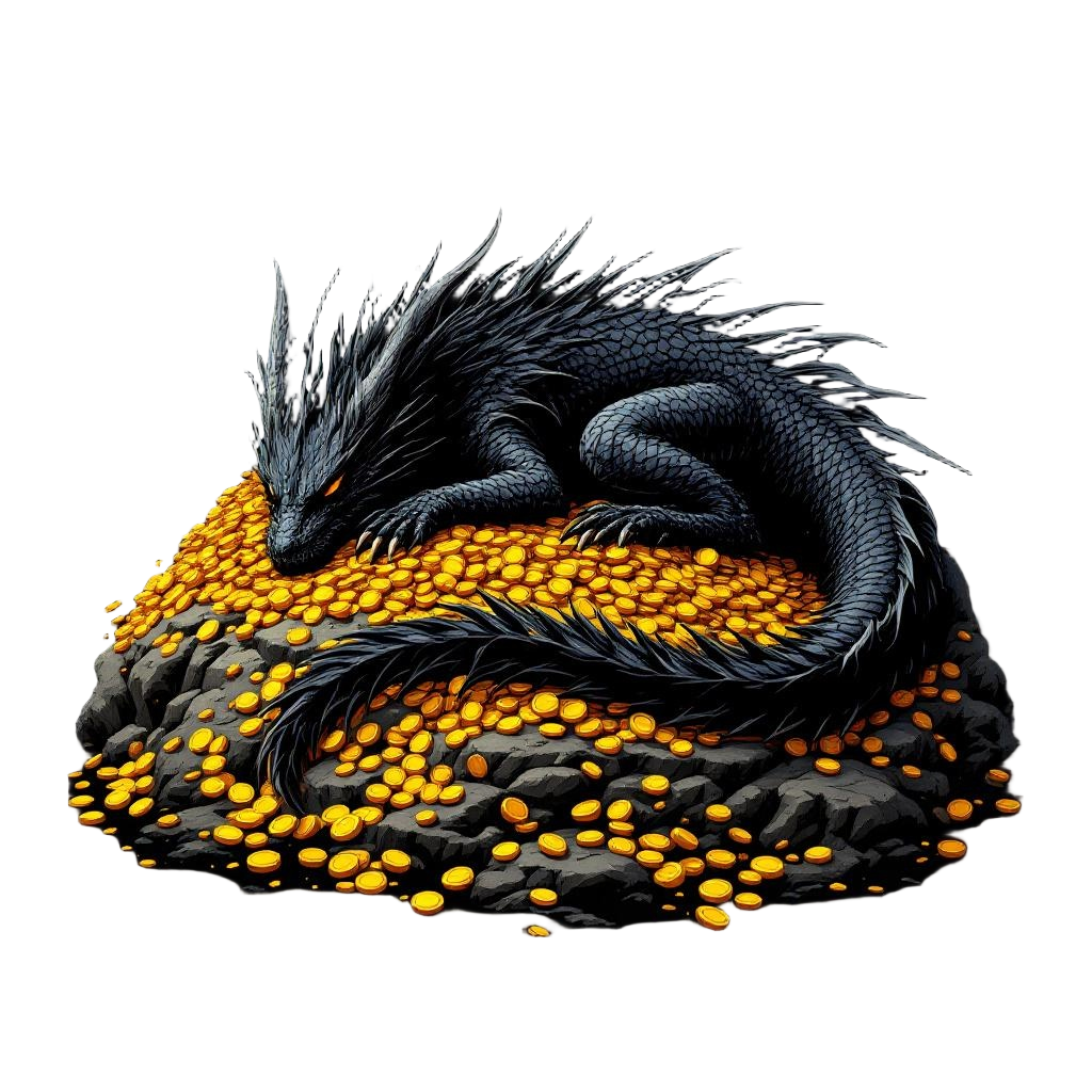 A massive black dragon sleeping on a mountain of gold coins and treasure, Smaug-