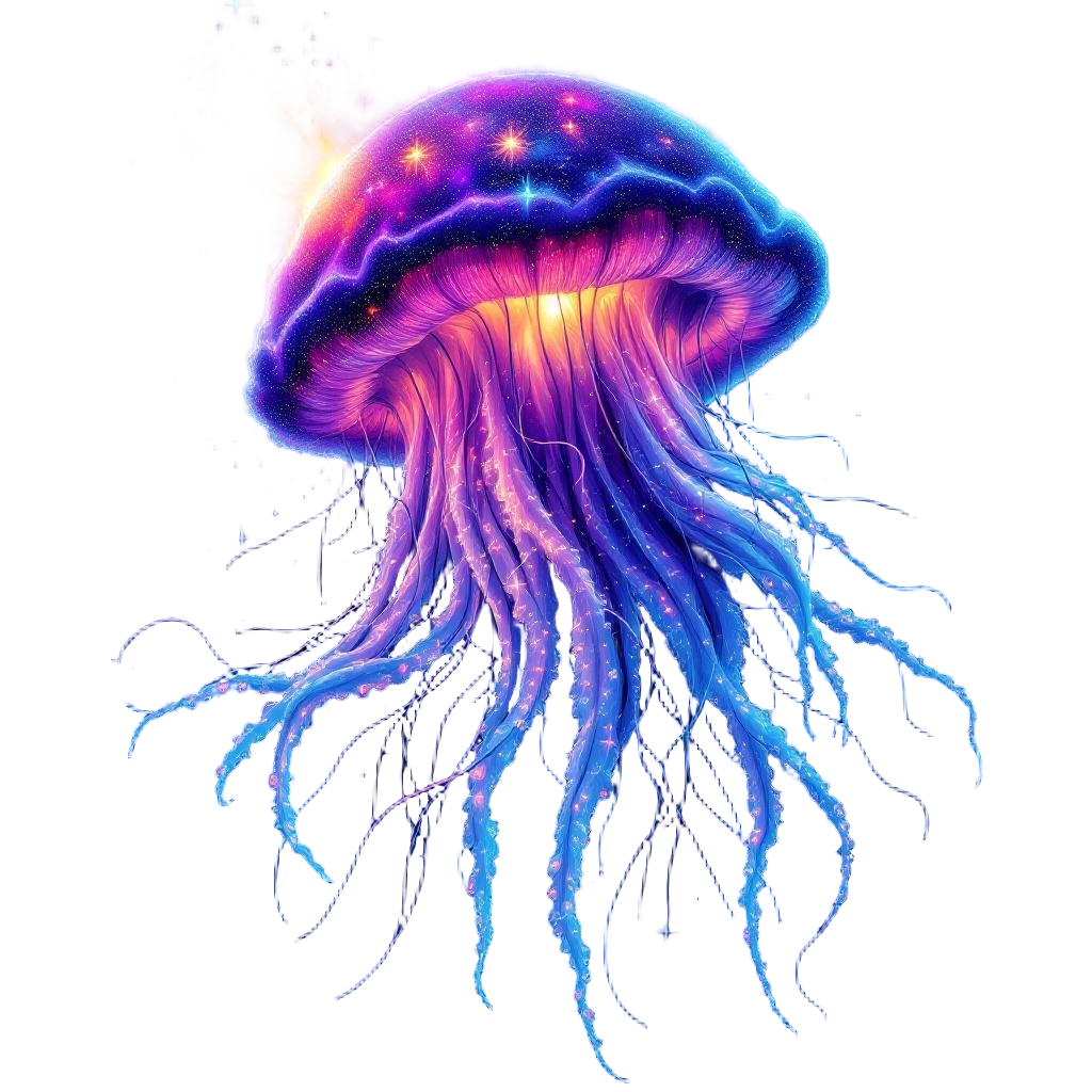 A massive cosmic jellyfish drifting through a colorful nebula, tentacles made of