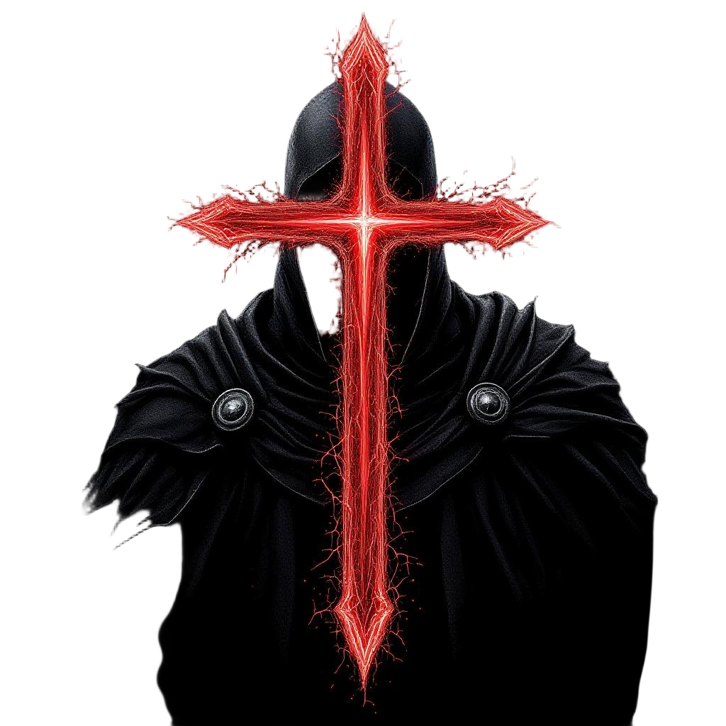 A dark Templar knight with a glowing crimson cross on black armor, crusade warri