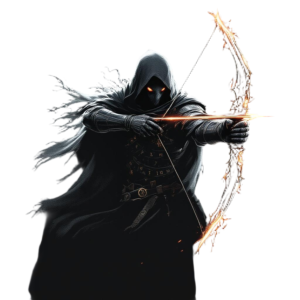 A demon hunter aiming a glowing crossbow, cloak billowing, runes on armor, dark 