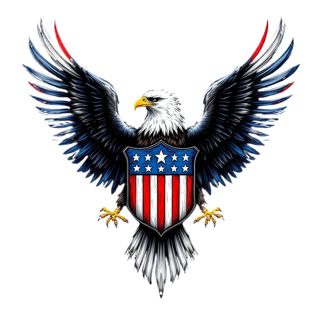 A Bald Eagle with Wings Spread Behind a Shield with Stars and Stripes Motif