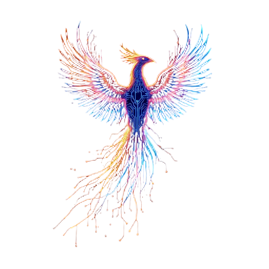 A phoenix made of neon electric energy, circuit patterns in its feathers, cyberp