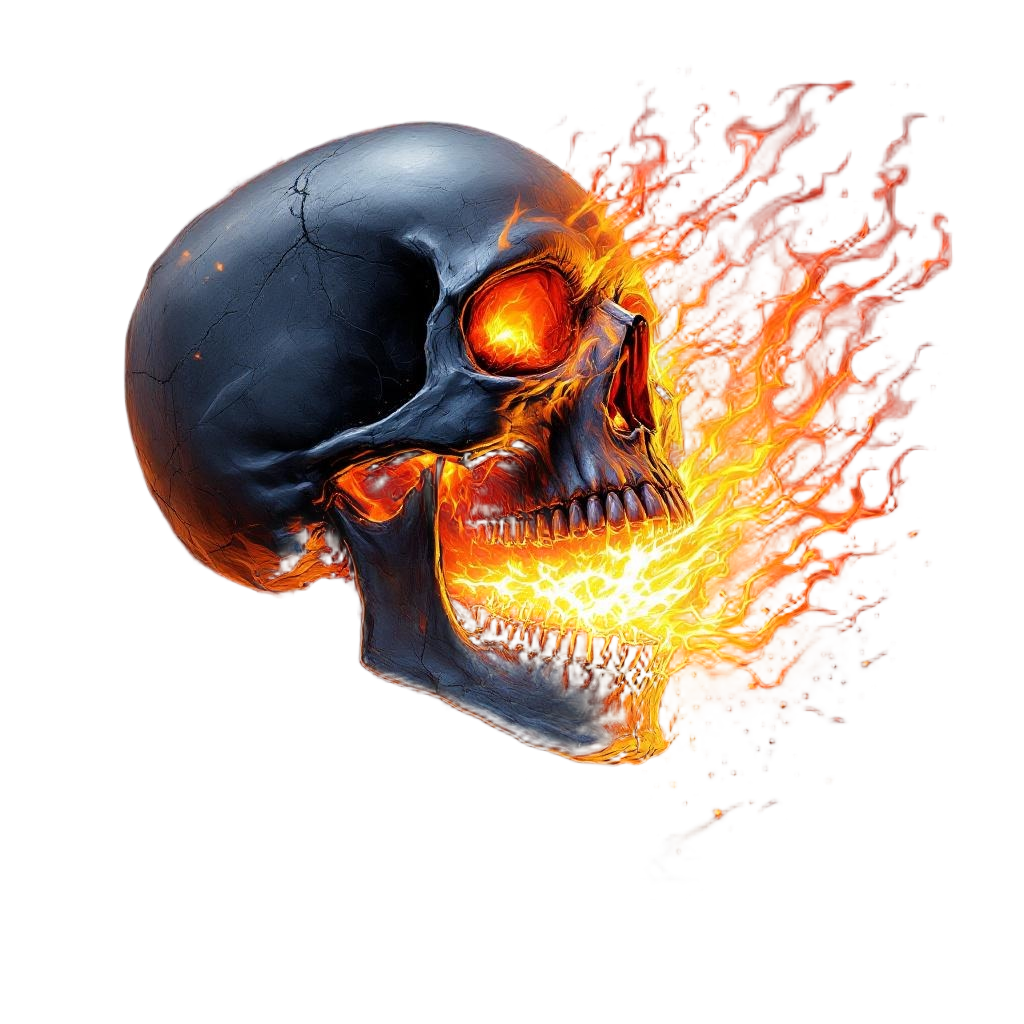 A skull breathing fire from its mouth, infernal heat, metal album cover aestheti