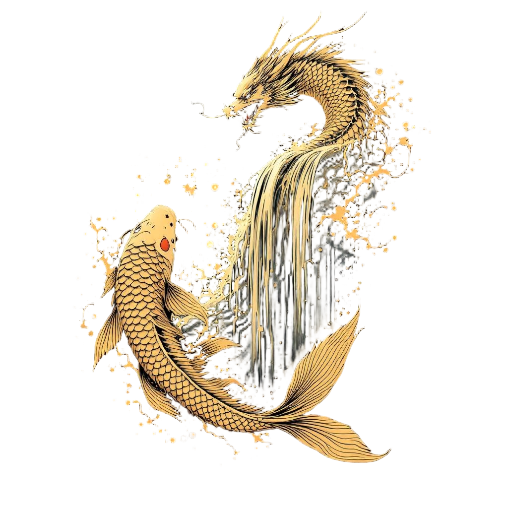A golden koi fish swimming up a waterfall, transforming into a dragon at the top