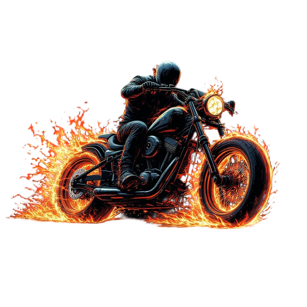 A flaming motorcycle blazing through darkness, wheels of fire, chains trailing, 