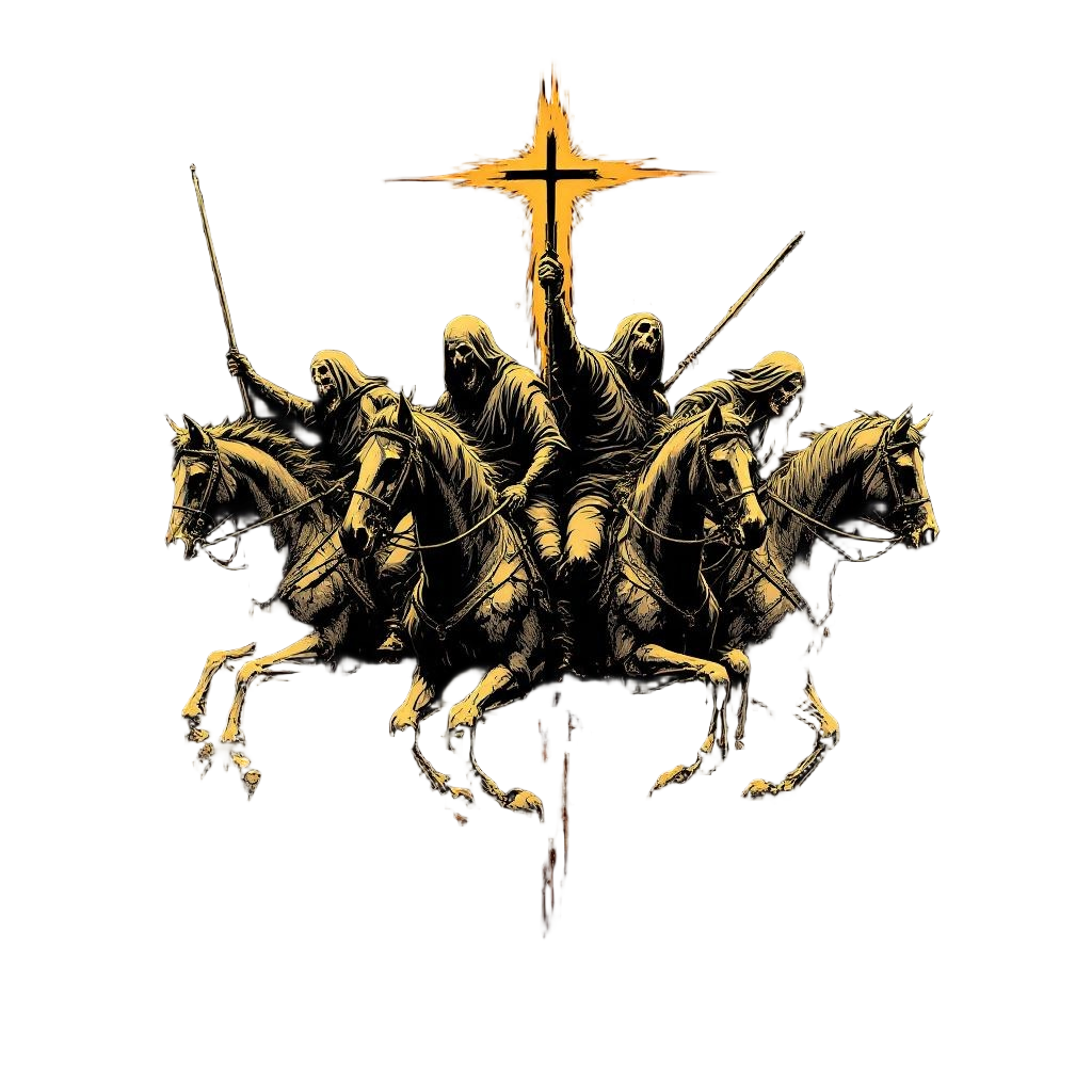 The four horsemen of the apocalypse riding together — War, Famine, Pestilence, D