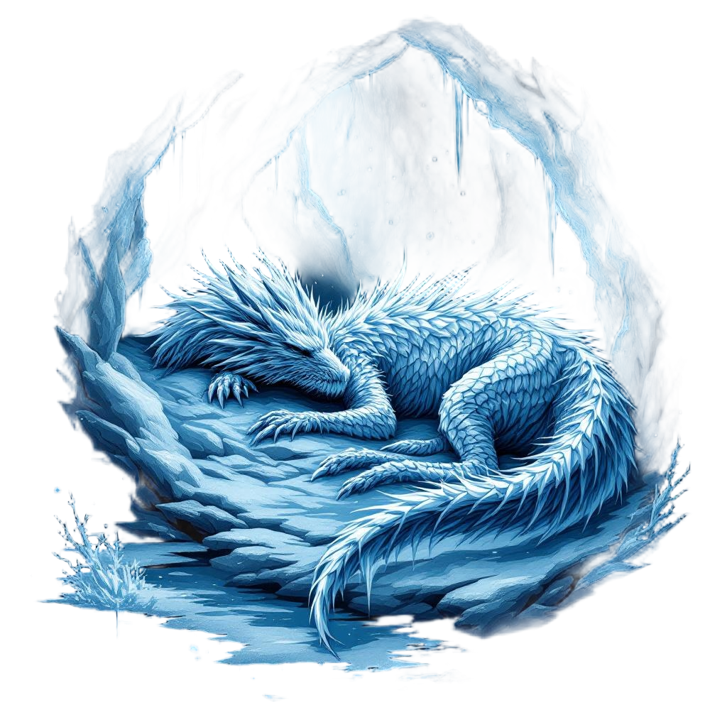 An ice dragon sleeping in a crystal cave, breath creating frost patterns, ancien