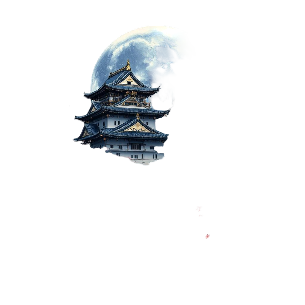 A traditional Japanese castle under a full moon with cherry blossoms, peaceful a