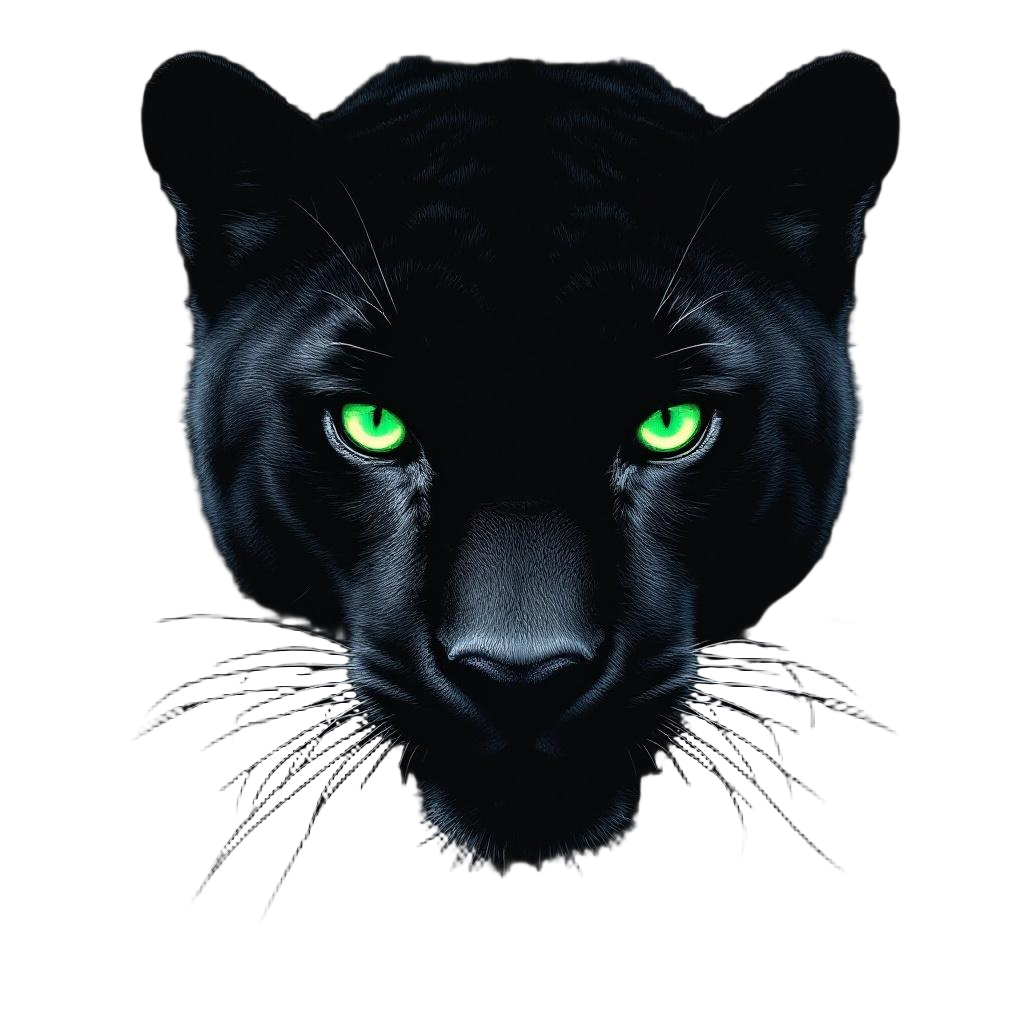Just the glowing green eyes of a black panther in total darkness, barely visible