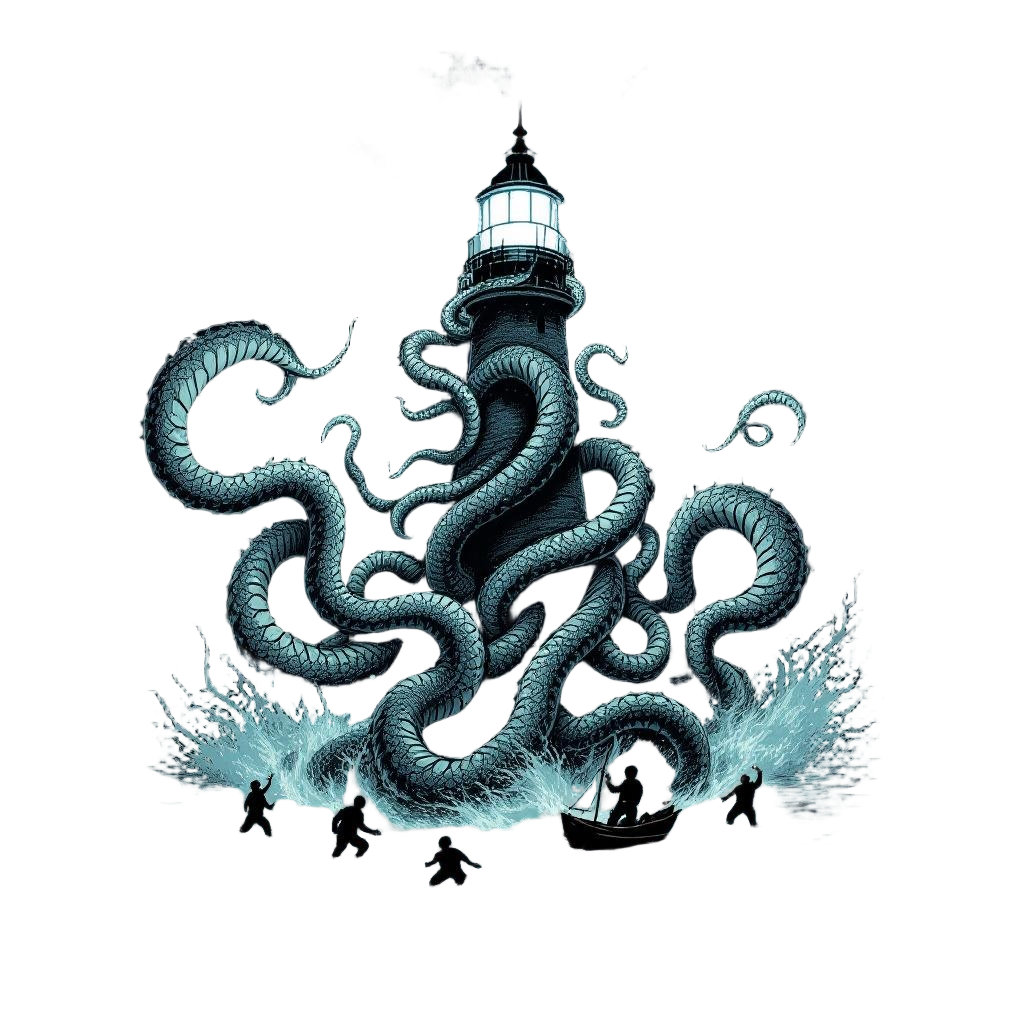 A kraken wrapping its tentacles around a lighthouse, sailors fleeing, maritime n