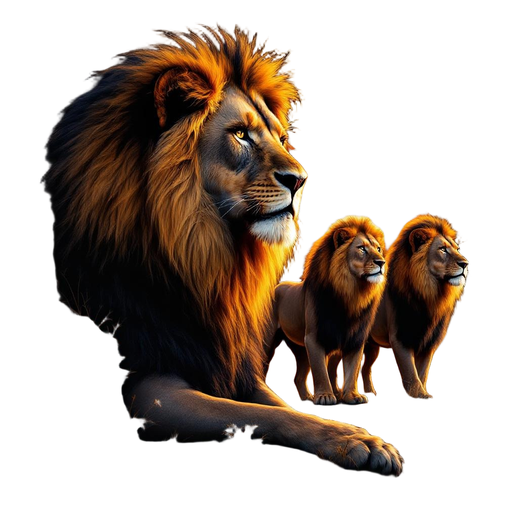 A majestic lion pride on the African savanna at golden hour, king and queens of 