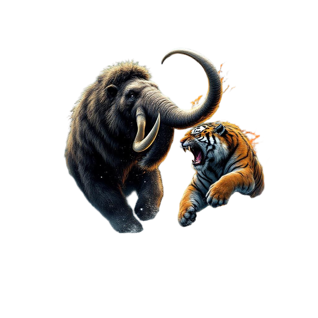 A woolly mammoth battling a saber-toothed tiger, prehistoric titans clash, Ice A